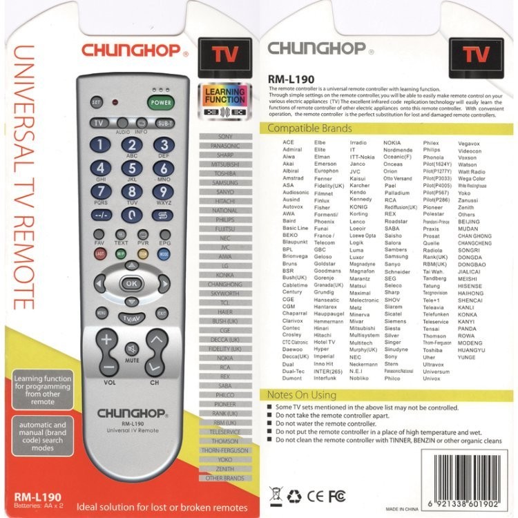 Универсальный пульт Chunghop RM-L190 (для TV)